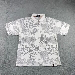 VTG Southpole Polo Shirt Men XL White Graffiti Print Streetwear Y2K Grunge Baggy